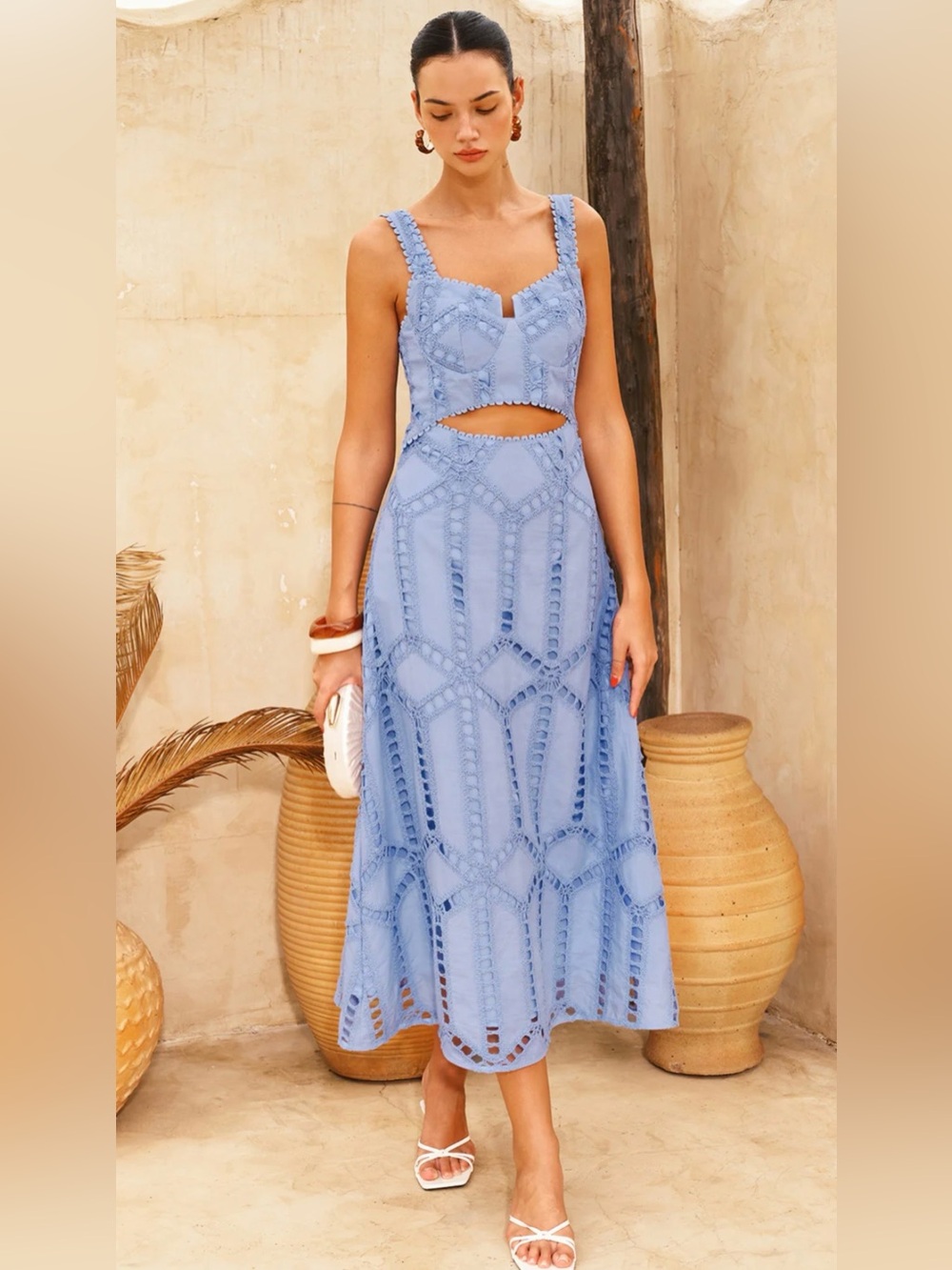 Commense Sky Blue Lace Cutout Midi Dress